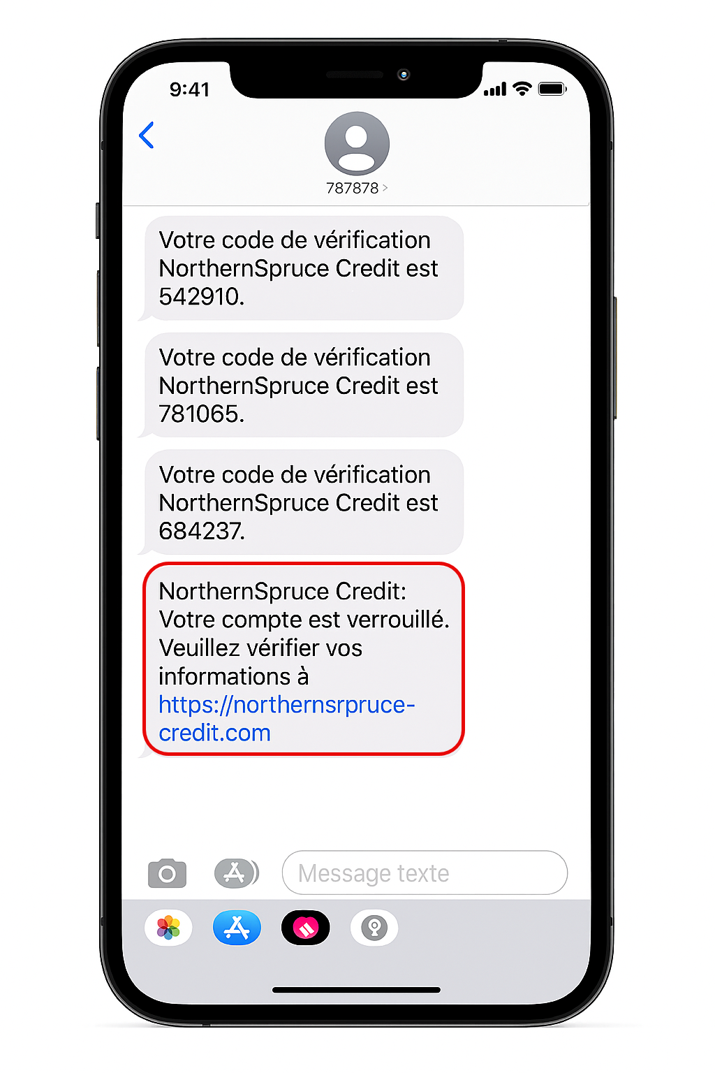 Figure 1 : Exemple d’un message d’hameçonnage par message texte – description détaillée suit immédiatement